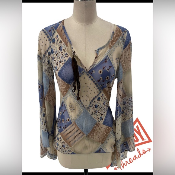 Reformation Patchwork Blouse in Blue and Cream